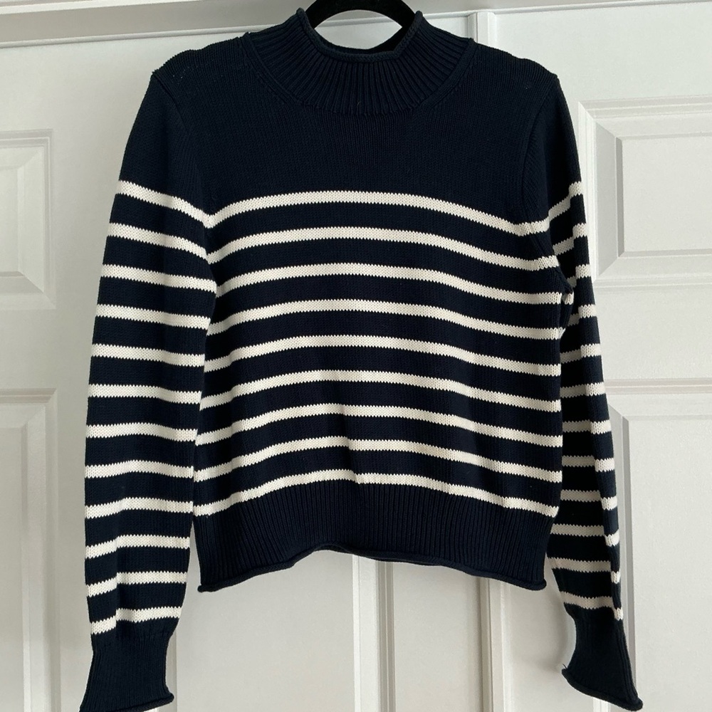J. Crew‎ women size M New Heritage Rollneck sweater navy stripe 100% cotton